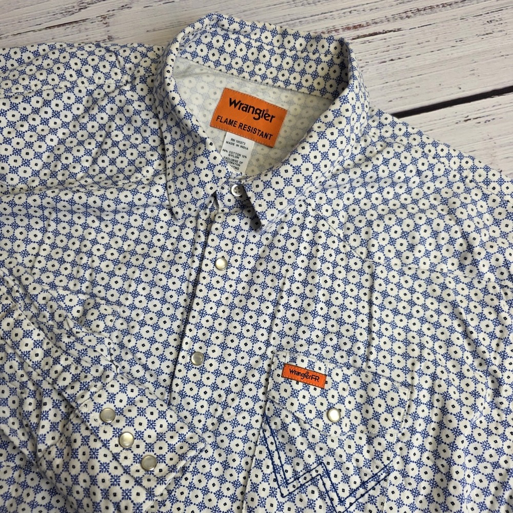 Wrangler Shirt Mens 4XL Big Fire Flame Resistant FR Pearl Snap White Geometric